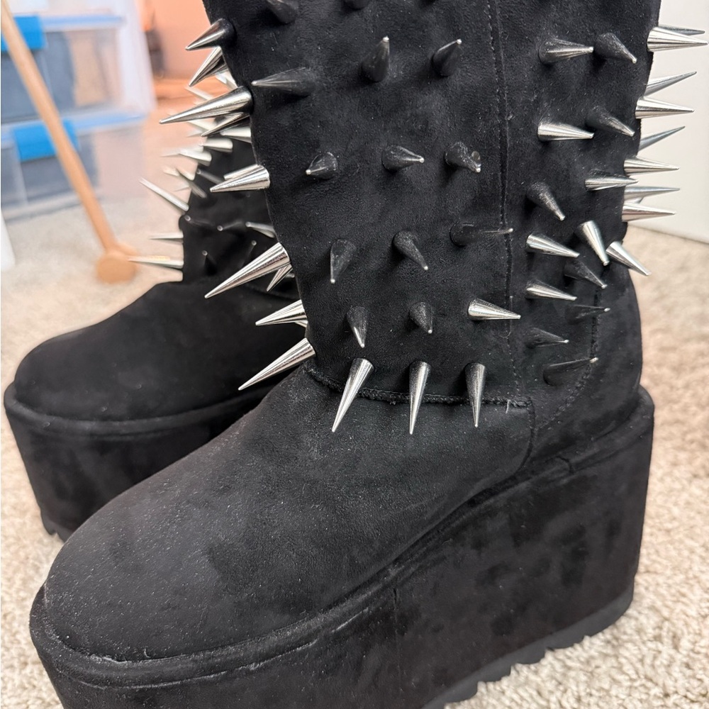 Dolls Kill X Widow Black Platform Boots with Silver Spikes and Sherpa lining - Picture 6 of 6